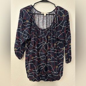 Michael Kors Navy Blue Logo Twisted Rope Chain Print Blouse Top Shirt Women’s XL